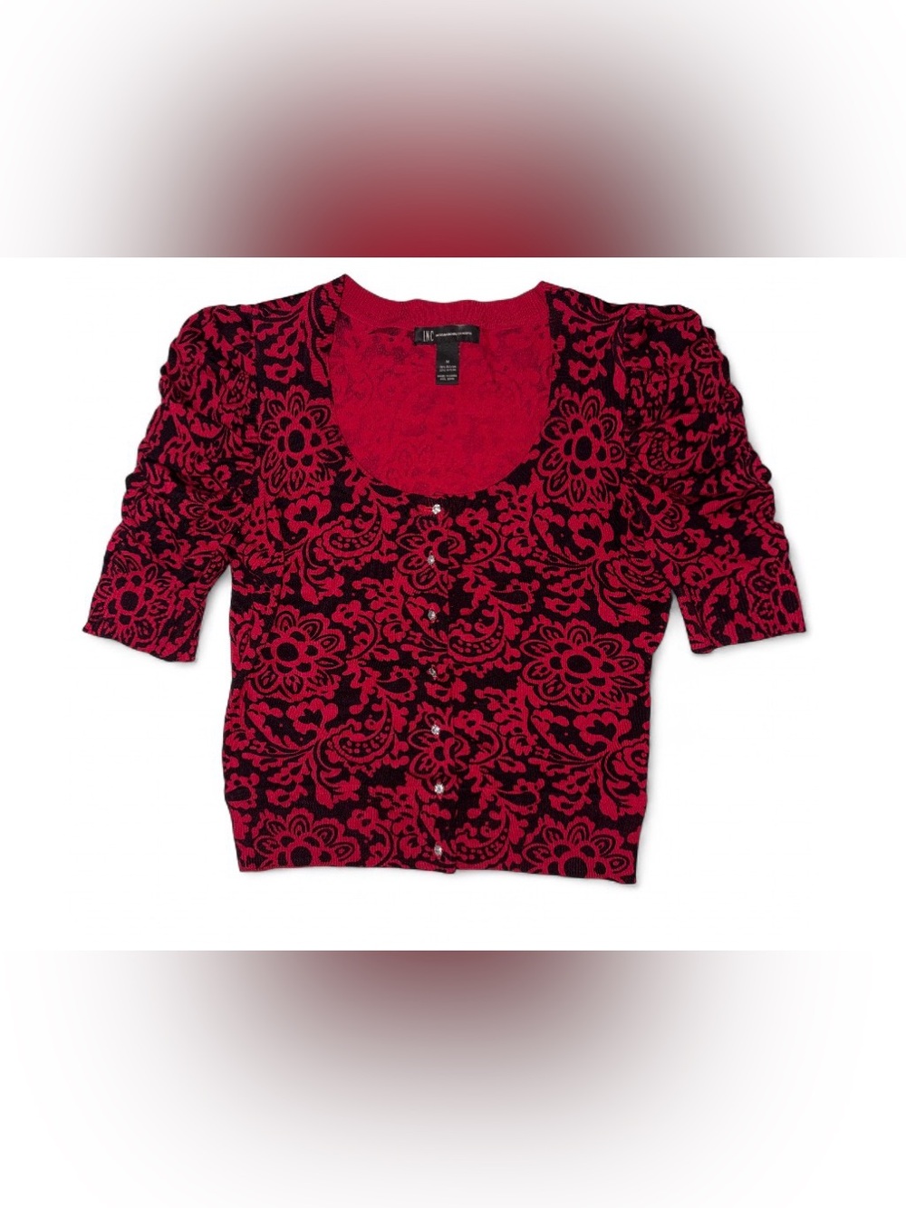 INC International Concepts Red and Black Floral Cardigan w/ Jewel Buttons